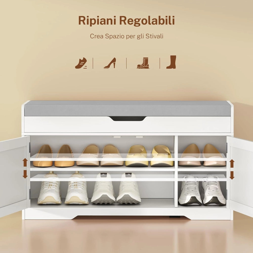 92cm Scarpiera Panca,Panca Contenitore con Cuscino,2 Ripiani Regolabili,Scarpiera per Ingresso, Camera da Letto,92x35x50cm (Bianco)