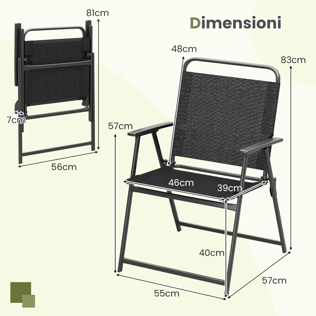 Set di 2 Sedie da Giardino Pieghevoli, Sedie da Spiaggia con Schienale e Braccioli, Poltrone da Campeggio, Sedia Esterno per Veranda, Balcone e Piscina, Portata 150 kg