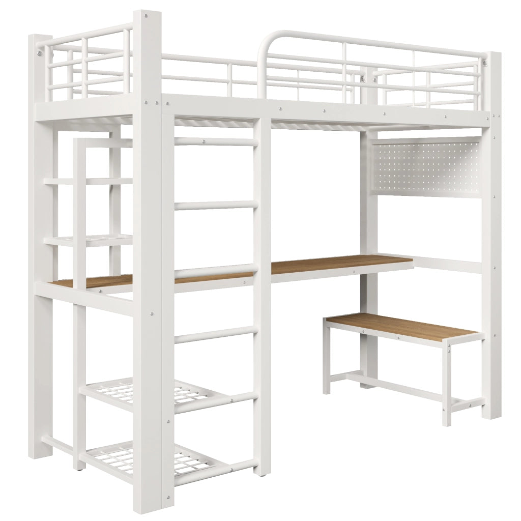 Letto a soppalco singolo 90×200 cm con LED; scrivania e ripiani; senza materasso; metallo; bianco