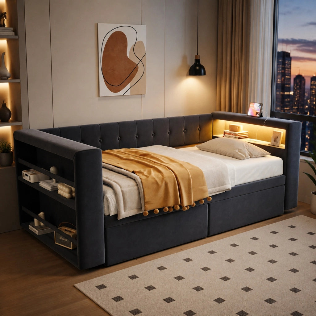 Divano letto multifunzionale con LED, prese e ampio spazio contenitivo