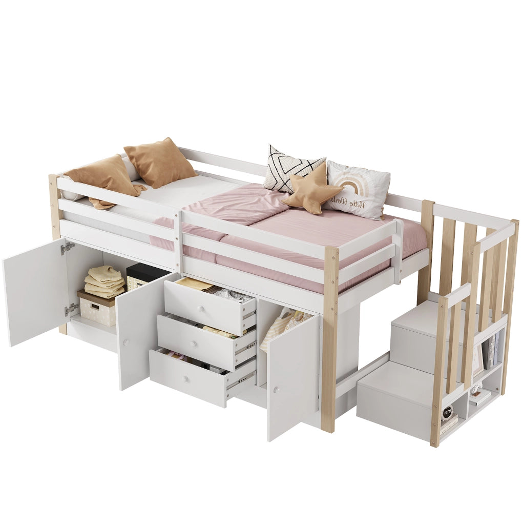 Letto a soppalco per bambini 90x200 cm bianco in MDF con scale; cassetti e armadi