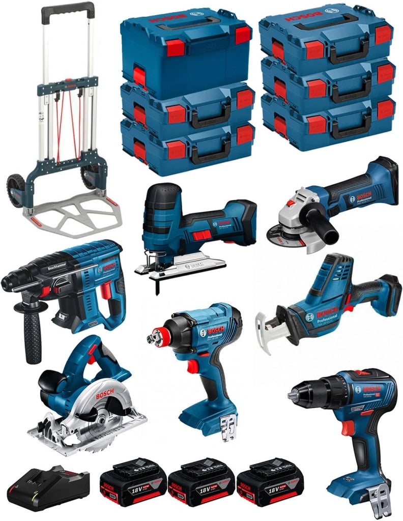 BOSCH Kit 18V BK701 (GST 18 V-LI S + GKS 18 V-LI + GBH 18V-21 + GWS 18-125 V-LI + GSR 18V-55 + GSA 18 V-LI C + GDX 18V-180 + 3 Batterie di 4,0 Ah + Caricabatterie + 5xL-Boxx 136 + L-Box 238 + Caddy)