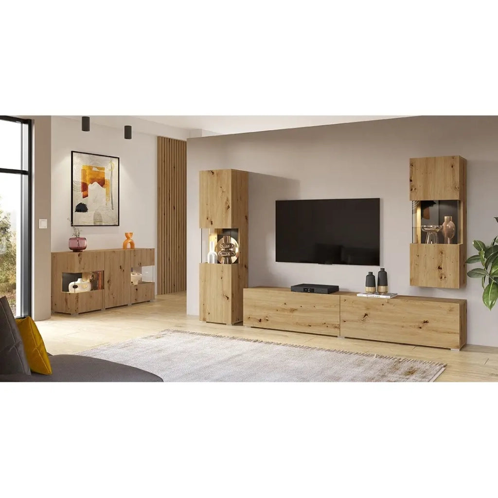 Piccola vetrina sospesa con 1 porta parzialmente vetrata, collezione EVA. Colore rovere e nero.