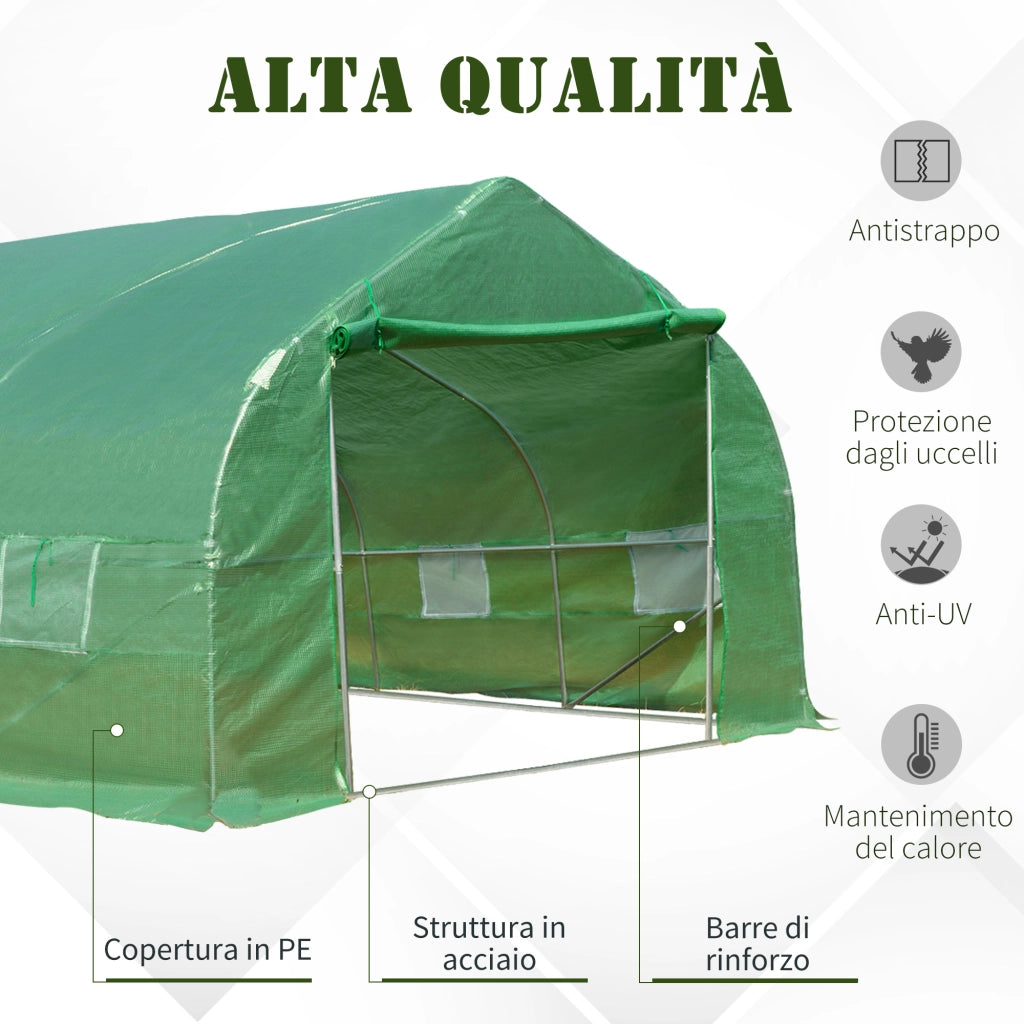 Serra da Giardino a Tunnel 8x3x2m in PE e Acciaio con Porta Avvolgibile e Finestre, Verde