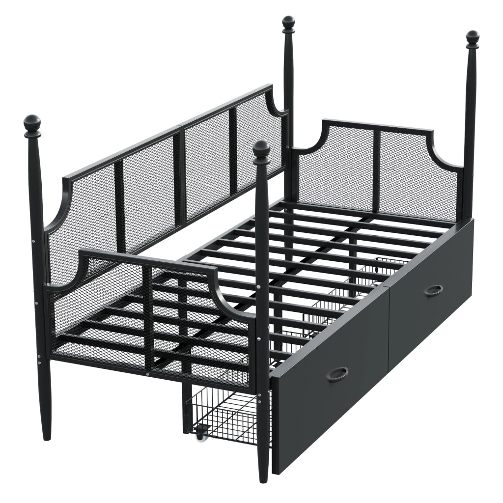 OKWISH Letto Divano 90×200 cm, Letto Singolo con 2 Cassetti, Schienale a Rete e Braccioli, senza Materasso, in Metallo, Nero