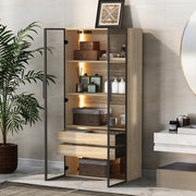 Armadietto da bagno con LED e 2 cassetti, ante in vetro satinato, ripiani aperti, per bagno e camera, naturale, 74 × 36 × 155 cm