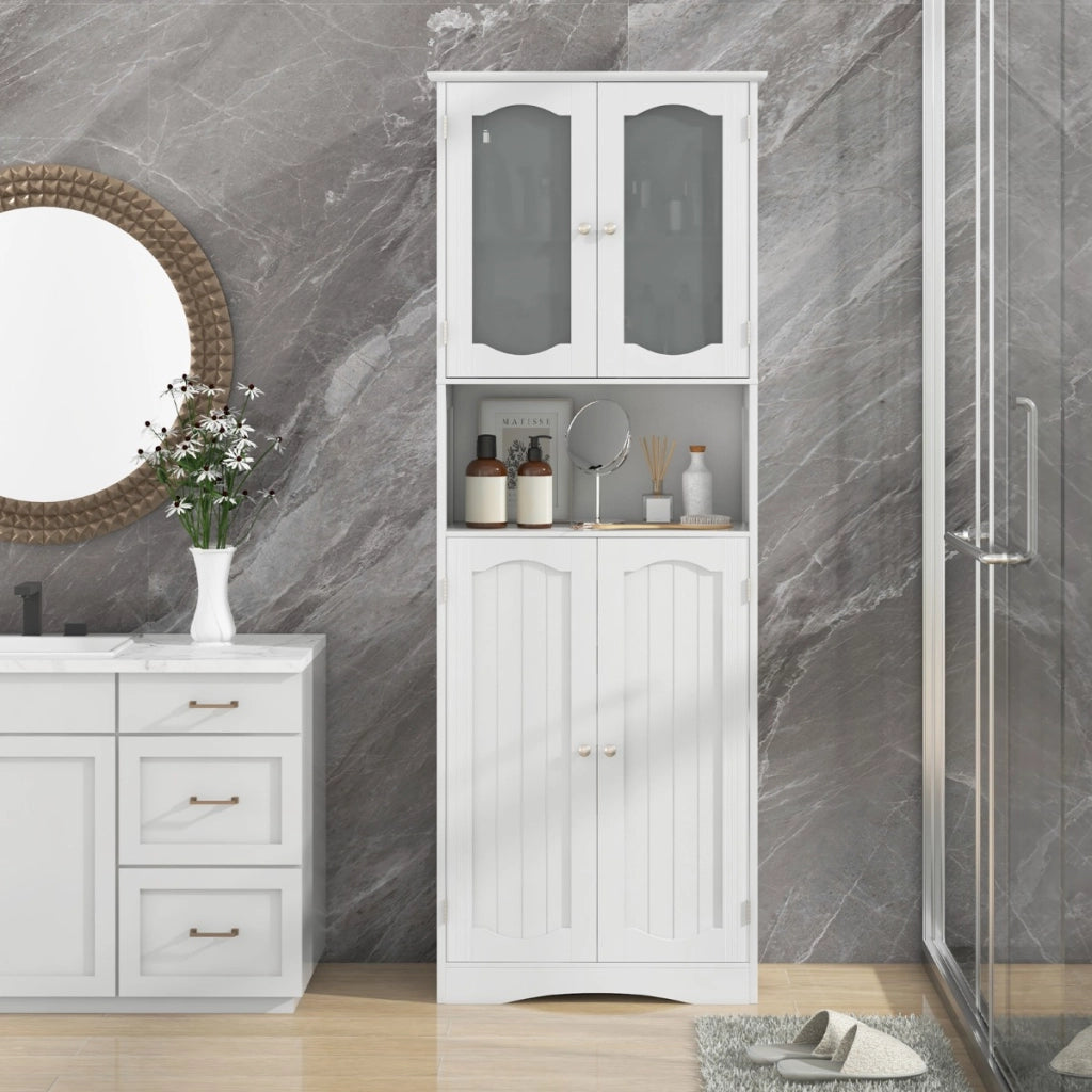 Armadio da bagno alto-Mobiletto da bagno 164cm con porte in vetro satinato e ripiani, Mobile autonomo per cucina soggiorno ufficio Bianco