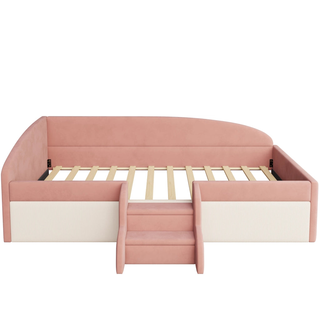 Letto imbottito per bambini 90x190 cm con gradini in velluto rosa e bianco