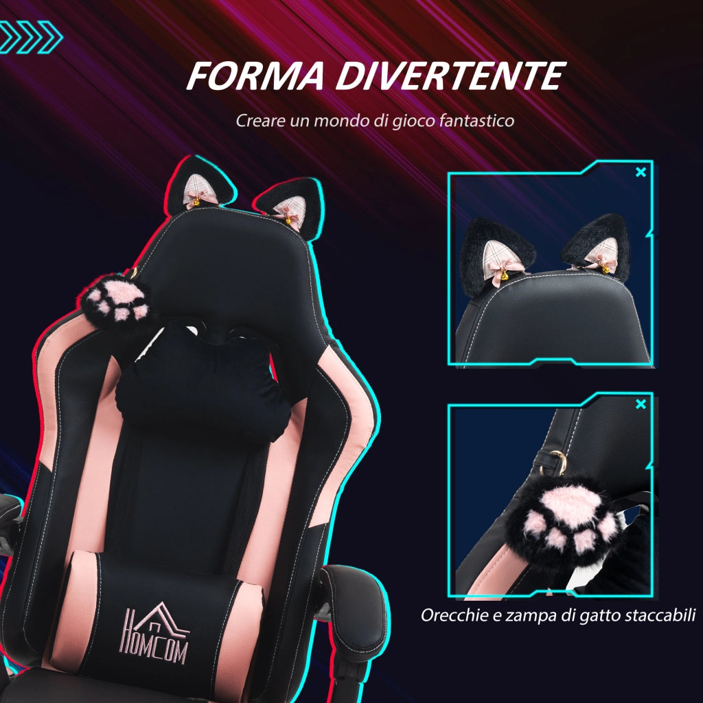 Sedia da Gaming Ergonomica con Orecchie da Gatto Poggiapiedi Retrattile e Schienale Reclinabile 135° Rosa e Nero