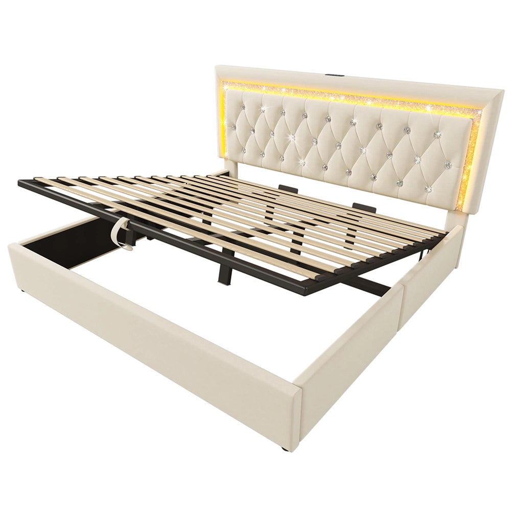 Letto imbottito-Xylo-180x200cm LED diamante USB-C idraulico velluto beige senza materasso