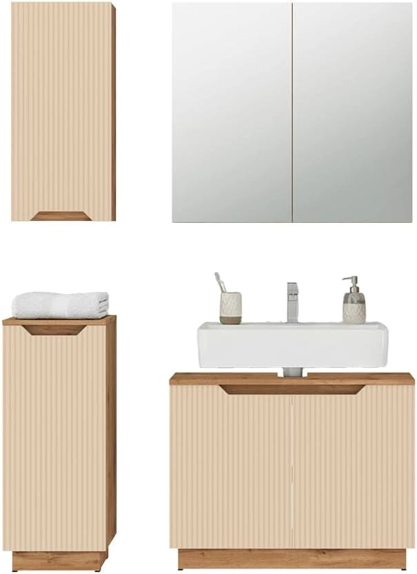 Set di mobili da bagno Lotta, Rovere/cashmere a righe, 4 parti