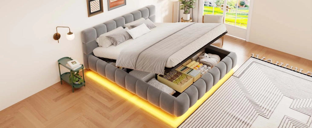 Letto imbottito con contenitore idraulico e LED, 160x200 cm, velluto grigio