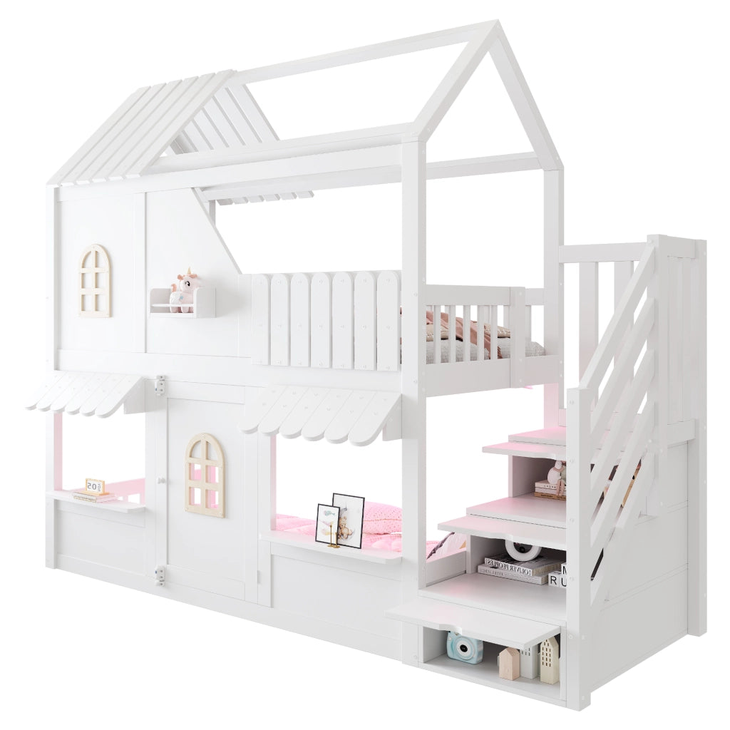 Letto a castello a casetta 90x200 cm con tetto; finestra; porta; scala contenitore; LED e ripiani; legno bianco