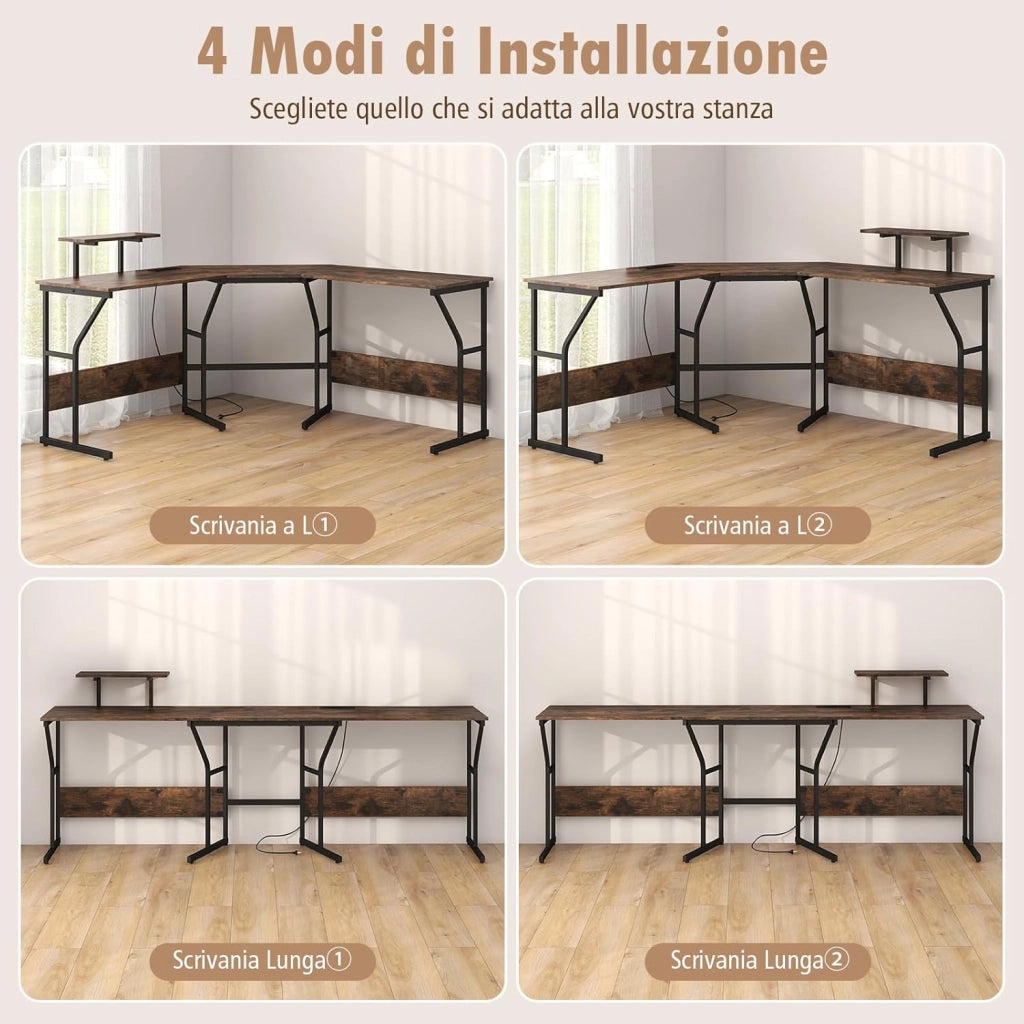 Scrivania ad Angolo a Forma di L con Presa Elettrica, Scrivania Angolare per Computer con Supporto Monitor Movibile, 225cm Postazione da Lavoro per 2 Persone per Lavoro e Gioco (Marrone)