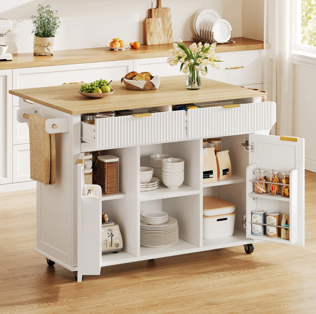 Isola cucina 143x45 cm bianca in MDF, piano pieghevole e 5 ruote