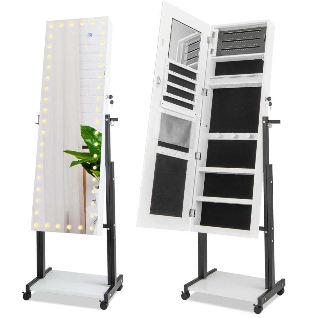 Mobile portagioielli regolabile indipendente 46 x 36 x 155-175 cm con illuminazione a LED crea un'atmosfera accogliente realizzato in MDF bianco 20_0021049