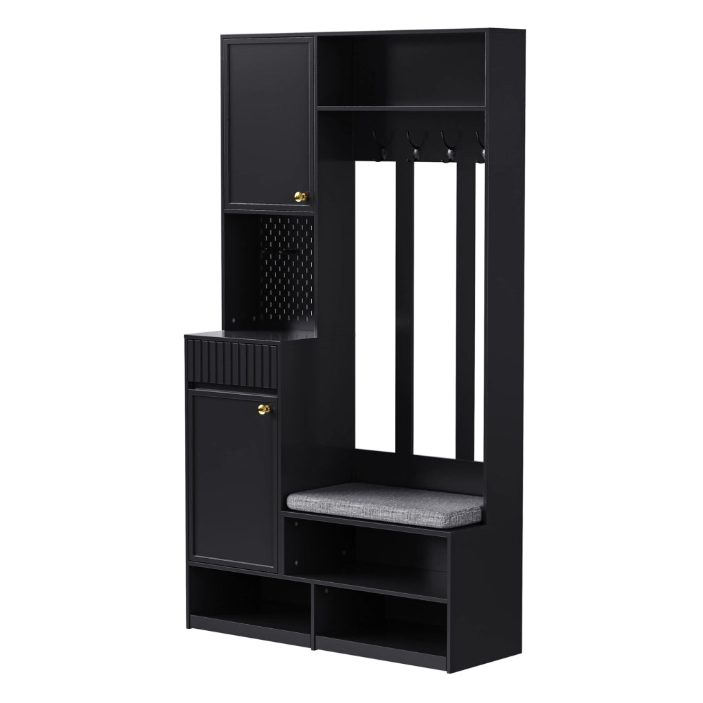 Mobile ingresso multifunzione con panca; 4 ganci; cassetti e pannello forato; 100x180x35 cm; nero