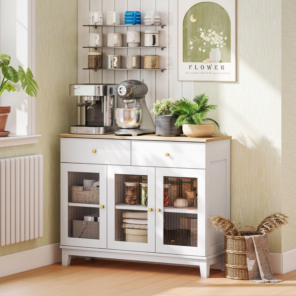 Credenza con 3 ante vetrate 2 cassetti e ripiani regolabili ¨C zephmum ¨C 100x35x80 cm bianco
