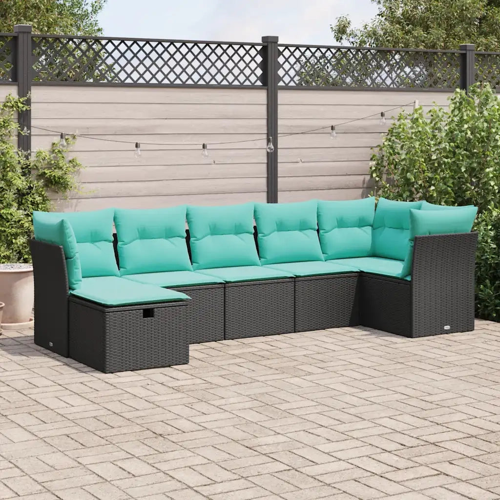 Set Divani da Giardino con Cuscini 7pz Nero Polyrattan
