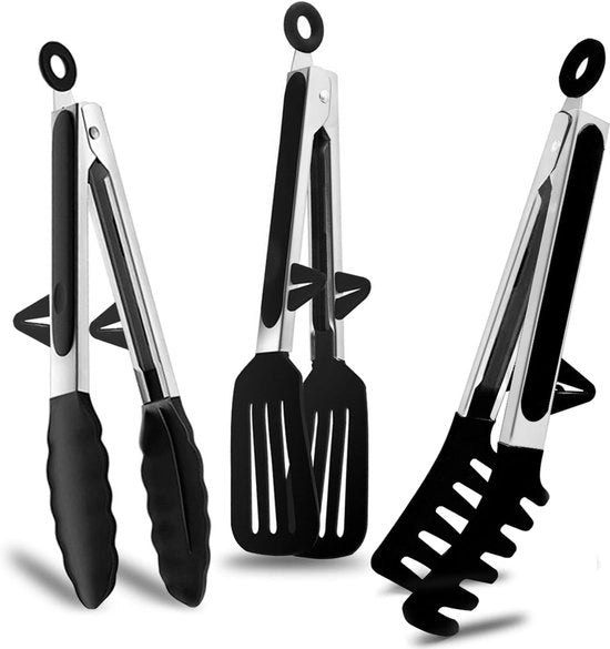 Tang per Cottura - Materiale Silicone - Resistente al Calore fino a 315°C - Resistente al Lavastoviglie con Standard - 23 Cm Acciaio Inox e Silicone - Set a 3 Pezzi - Per Grigliate, Insalate e Pasta - Nero