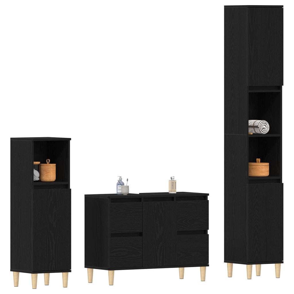 Set di Mobili per Bagno da 3 Pezzi Rovere Nero Legno Ingegnato