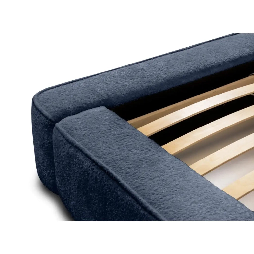 Letto contenitore VELORA – Blu acciaio bouclé – 160x200 cm – Tessuto velluto morbido – Rete sollevabile – Contenitore integrato