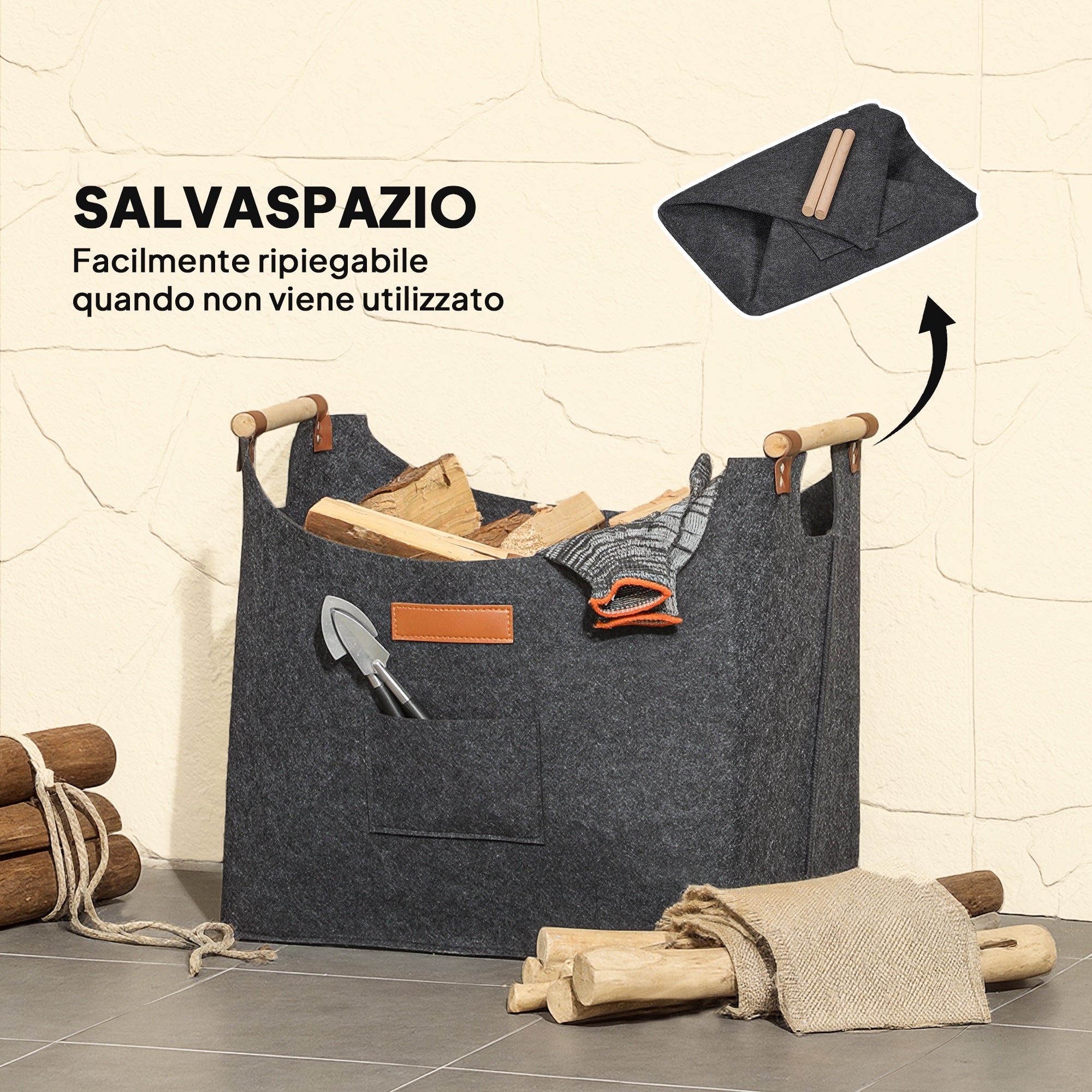 Borsa Portalegna da Interno con Manici in Legno 45x32x40 cm in Feltro Grigio Scuro