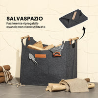 Borsa Portalegna da Interno con Manici in Legno 45x32x40 cm in Feltro Grigio Scuro
