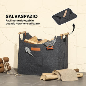 Borsa Portalegna da Interno con Manici in Legno 45x32x40 cm in Feltro Grigio Scuro