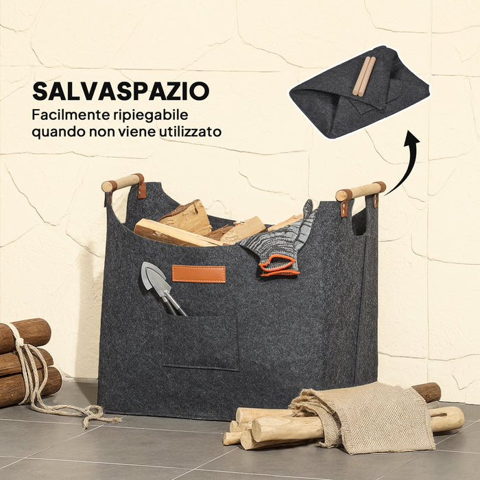 Borsa Portalegna da Interno con Manici in Legno 45x32x40 cm in Feltro Grigio Scuro