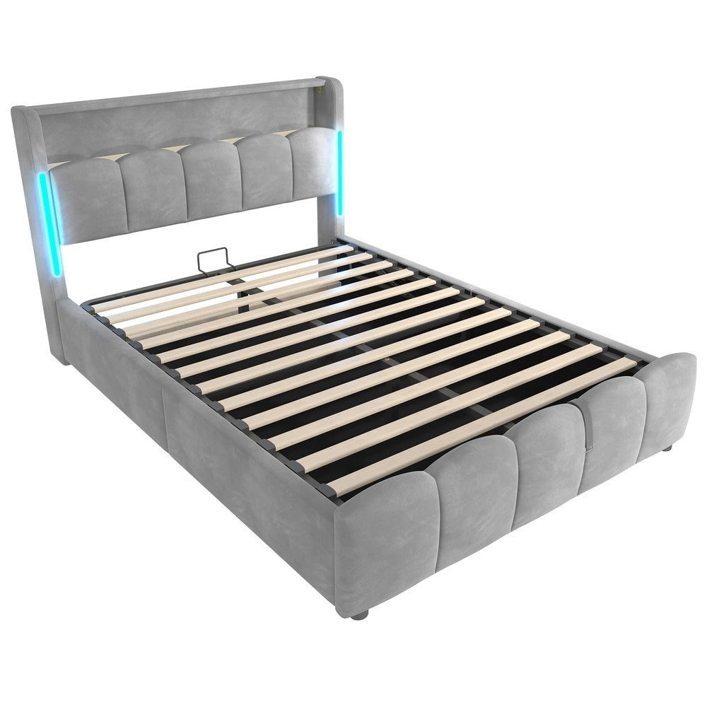 Letto Imbottito Contenitore con LED ¨C MINIMAL ¨C Velluto Grigio, Idraulico, 140x200