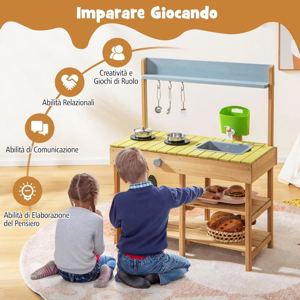 Cucina Giocattolo per Giardino in Legno di Abete, Cucina per Bambini con Serbatoio dell'Acqua e Lavello Rimovibili, 3 Ripiani Aperti, Funzione Suoni, per Bambini 3+ Anni (Naturale)