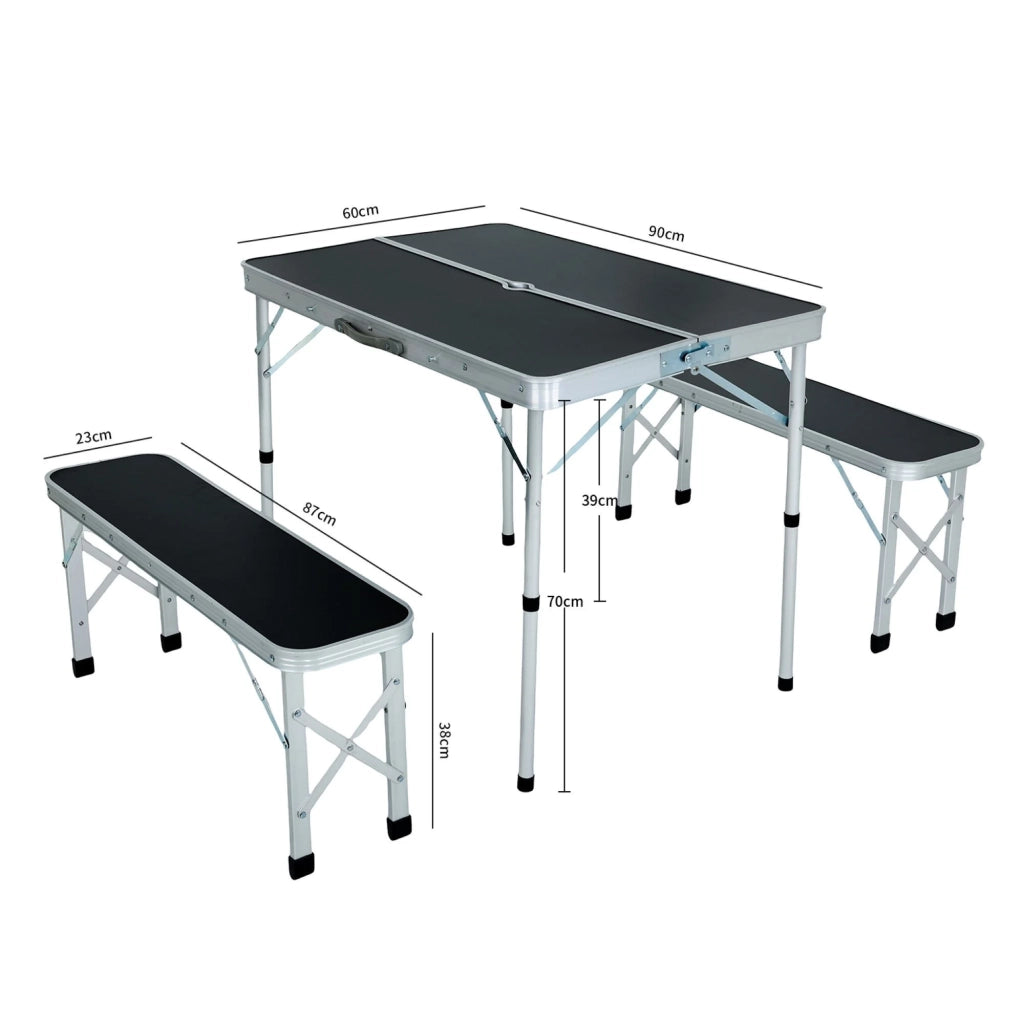 Tavolo da Campeggio ROI con 2 Panche Pieghevoli, Colore Nero