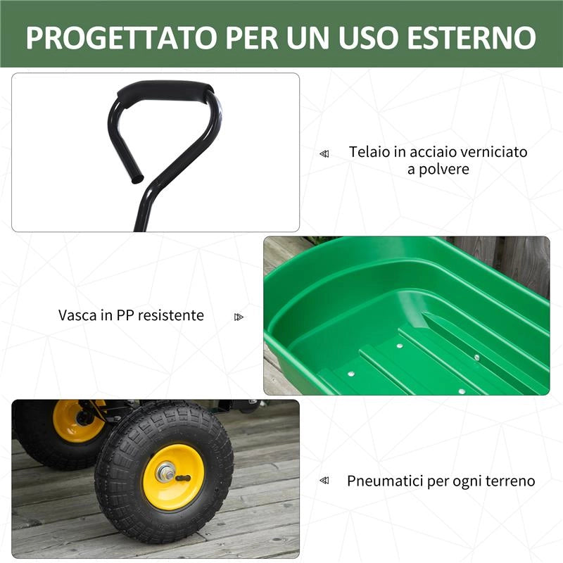 CARRELLO DA GIARDINO 75L IN ACCIAIO E PP CON VASCA RIBALTABILE E MANIGLIA, 109X52X94 CM, VERDE