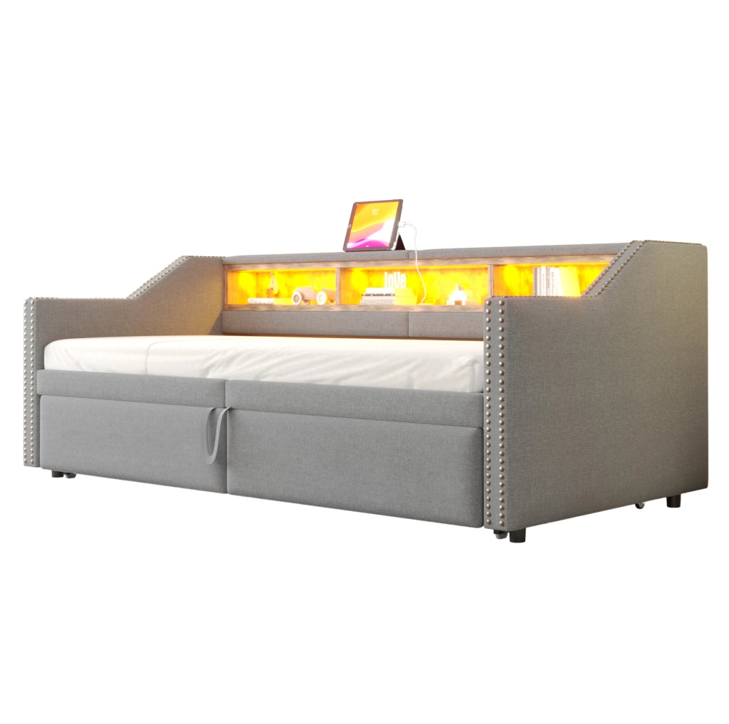 Divano letto imbottito estraibile 90/180 x 200 cm con LED; USB e contenitore; grigio chiaro