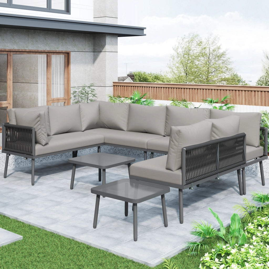 Set Divano da Giardino ad U 8 Posti con 2 Tavolini ¨C MINIMAL ¨C Polyrattan, Cuscini Inclusi