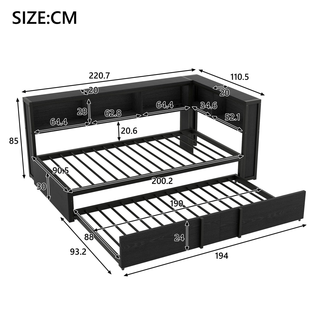 Letto da giorno 90x200 cm con letto estraibile; 5 vani contenitore; LED e USB; metallo e MDF nero