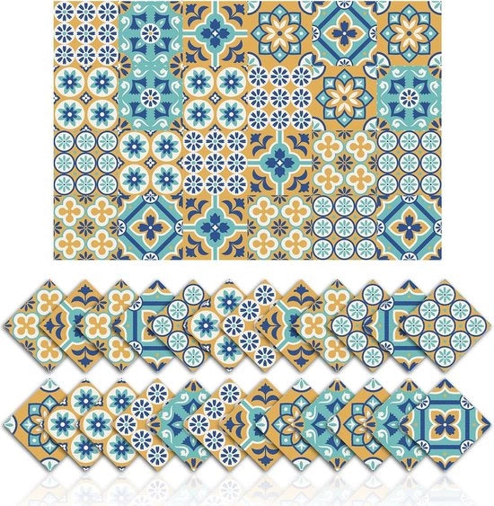Set di 24 Sticker per Pavimento Giallo Blu Petali Animali Acquario Bagno Cucina Parete Idrorepellente PVC Decorazione (15 x 15 cm)