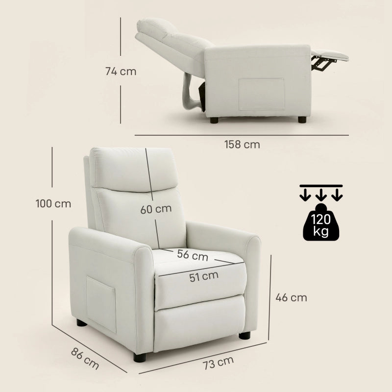 POLTRONA RECLINABILE 73x86x100 cm in poliestere bianco crema con tasche laterali