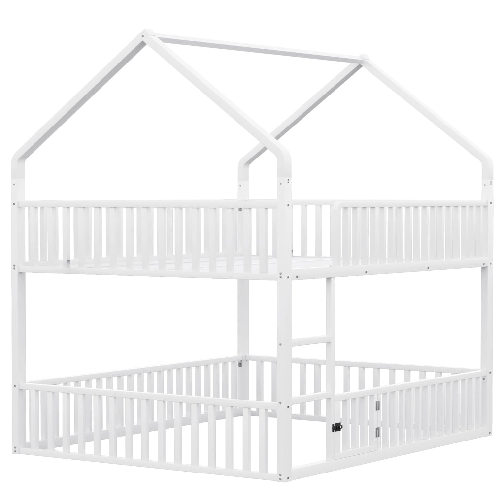 Letto a castello 140x200 cm a forma di casa con scala e porta in metallo bianco