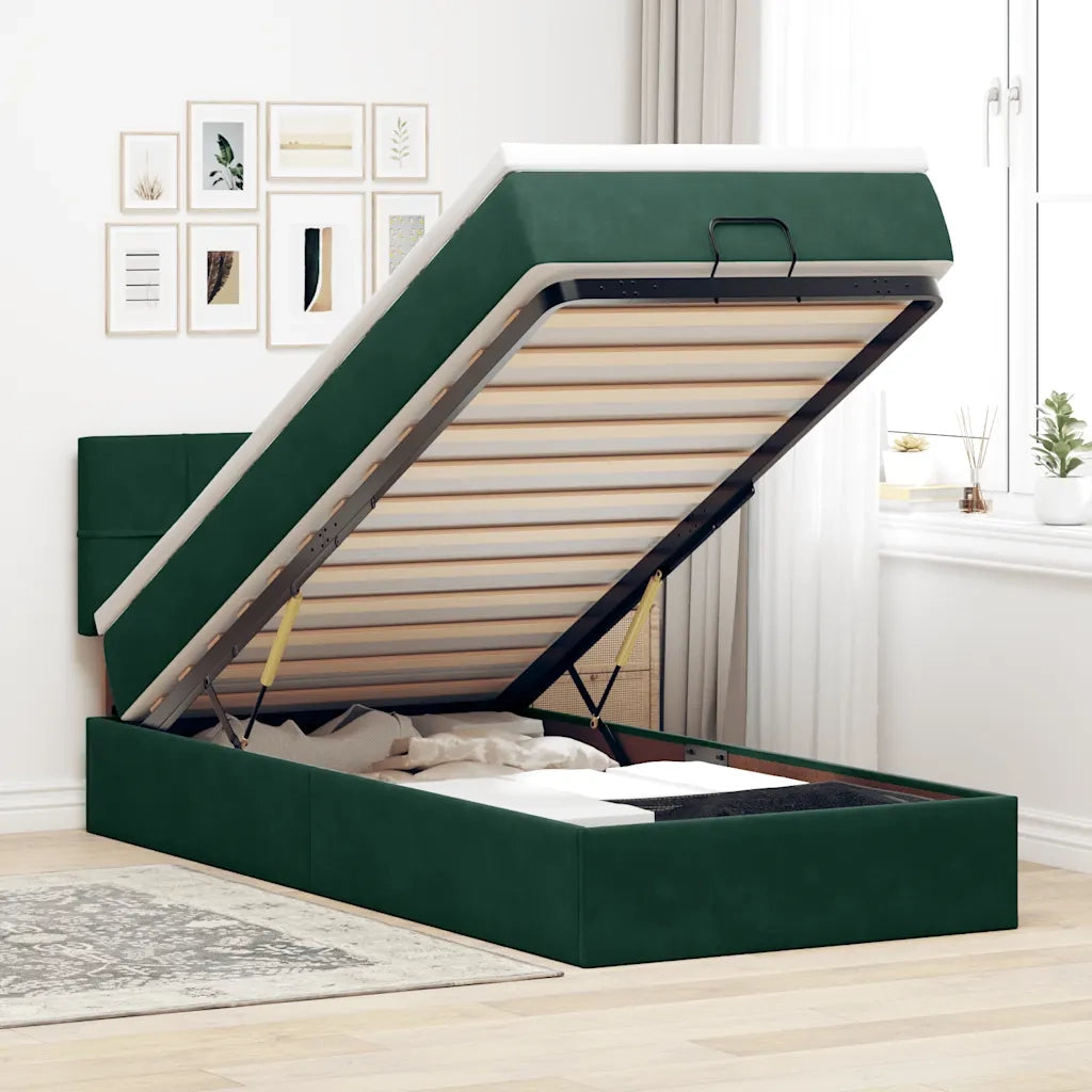 Pouf Letto con Materasso e LED Verde Scuro 80x200cm in Velluto