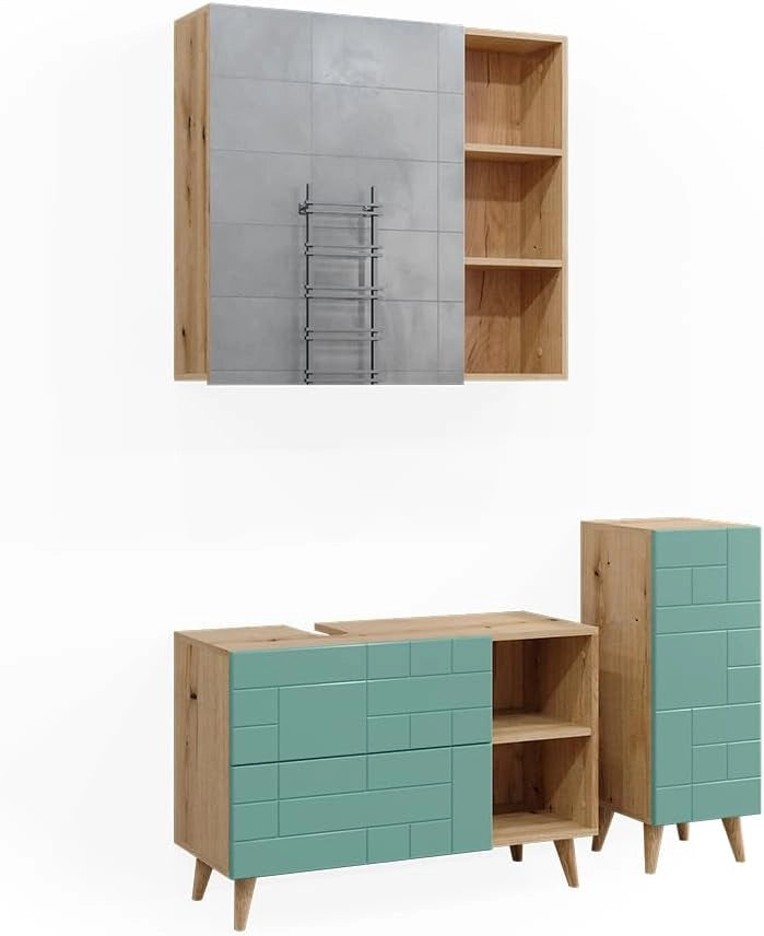 Set di mobili da bagno Rudi, Verde menta, 90 cm, composto da mobile sottolavabo, specchiera e mobile medio