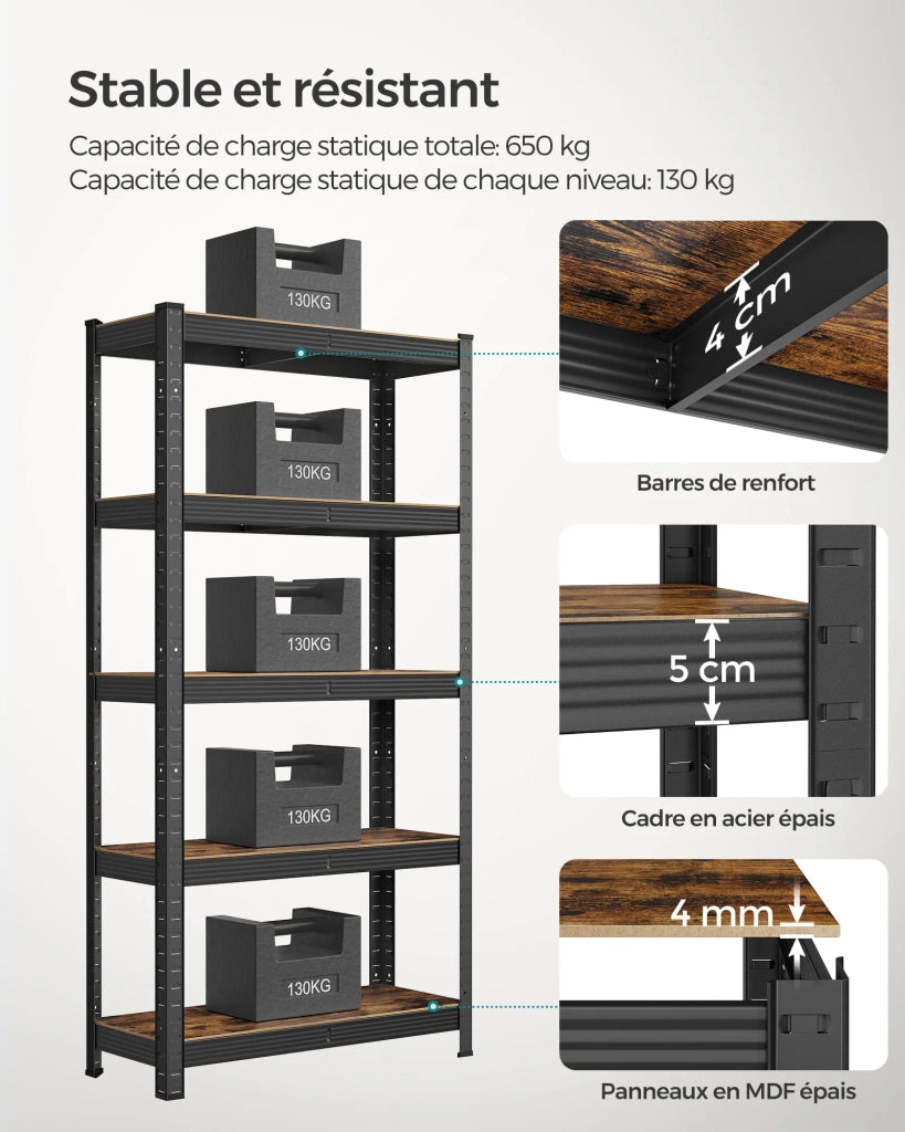 Scaffale robusto a 5 ripiani 150 x 75 x 30 cm portata totale 650 kg (130 kg/ripiano) stile industriale ripiani regolabili per soggiorno/cucina nero e marrone rustico 12_0005439