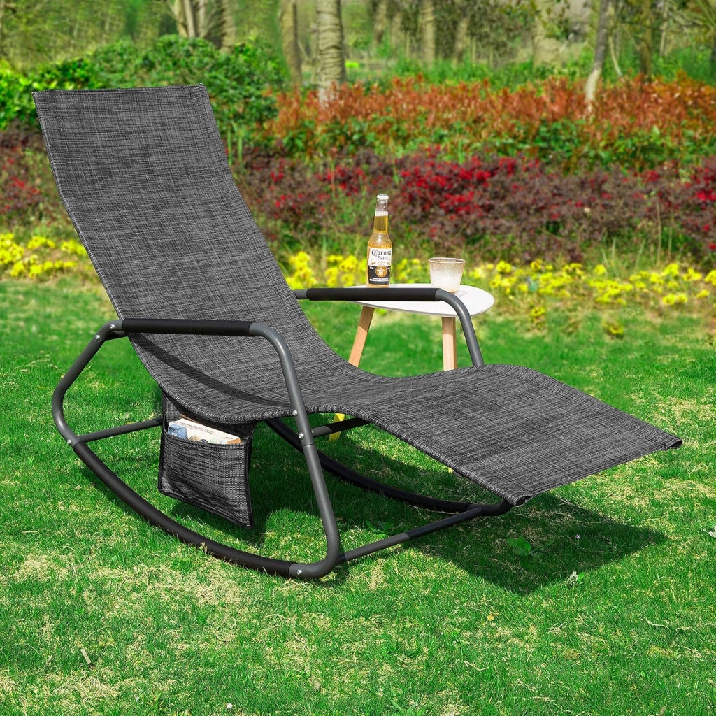 Dondolo da Giardino Sedia a Dondolo da Esterno Lettino Prendisole con Tasca Laterale Poltrona da Giardino Sdraio per Patio Balcone Campeggio Spiaggia Nero/Grigio 143x57x85 cm OGS47-MS