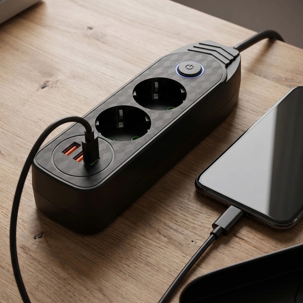 Multipresa Con Prolunga, 2 Prese + 2 Porte Usb-a + Usb-c Jnh023-2b Black