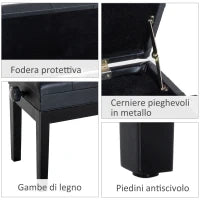 Sgabello per Pianoforte Trapuntato con Vano Contenitore, in Legno e Pelle PU, 54.5x33x48-58 cm, Nero