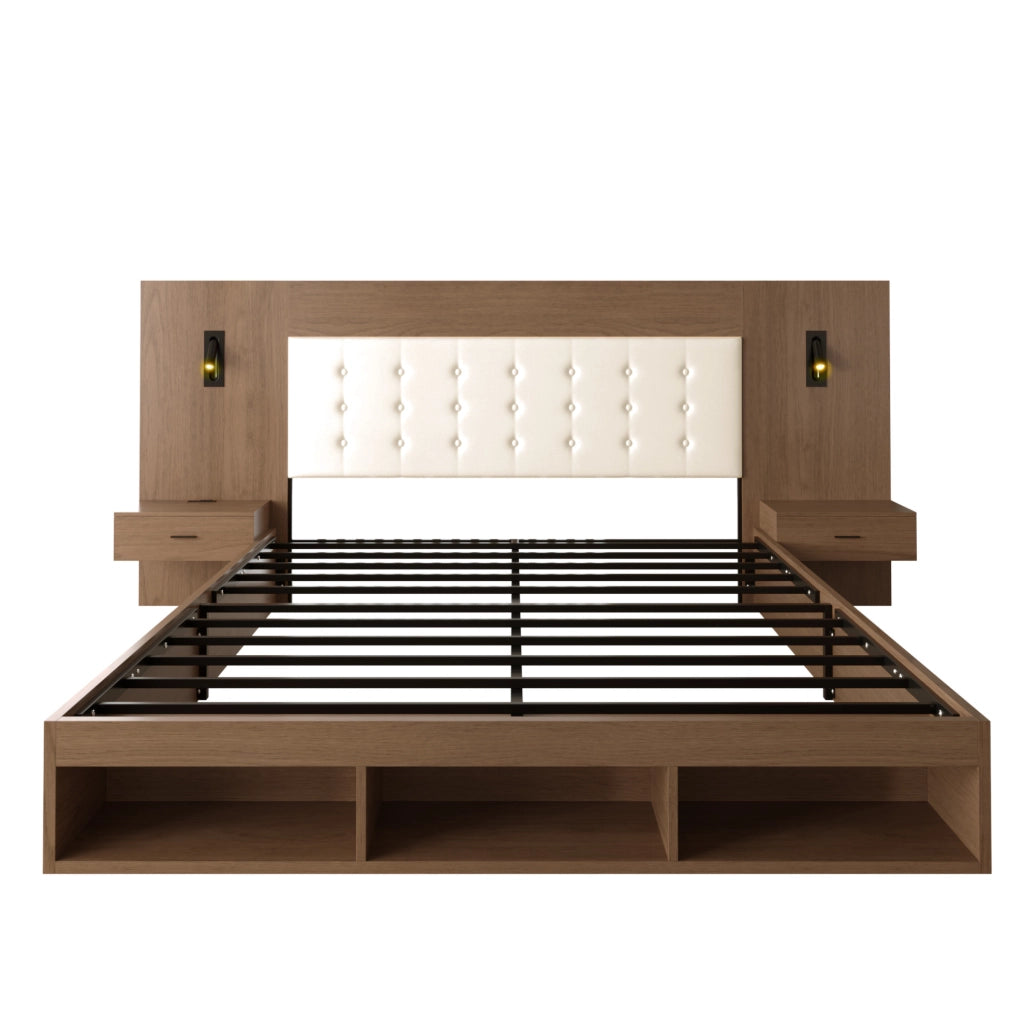 Letto matrimoniale 180x200 cm con contenitore; USB e Type-C; luci di lettura; effetto noce