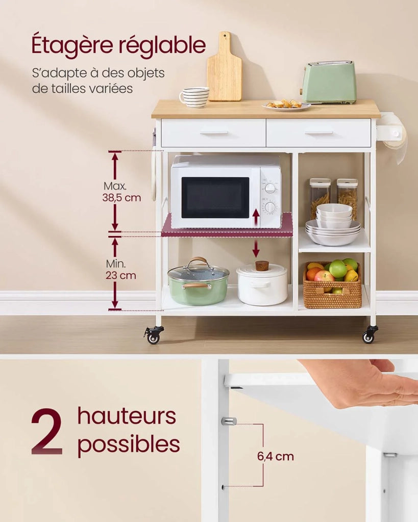 Carrello da cucina su ruote isola cucina mobile 45 x 60 x 90 cm con cassetto e 2 ganci per sala da pranzo rovere beige e bianco opaco 12_0008028