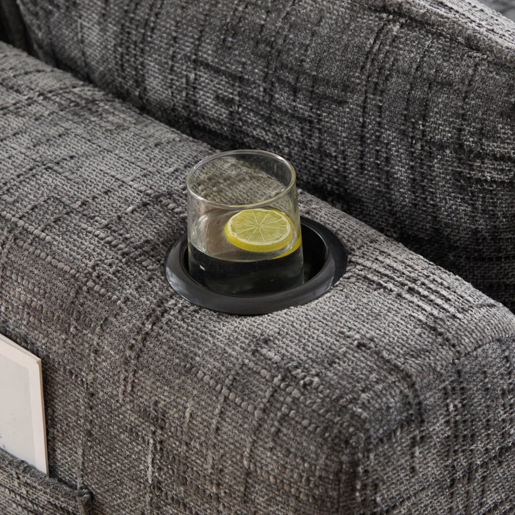 Divano modulare a 3 posti con pouf in chenille grigio scuro, tasche laterali e cuscini, 75 × 256 × 161 cm