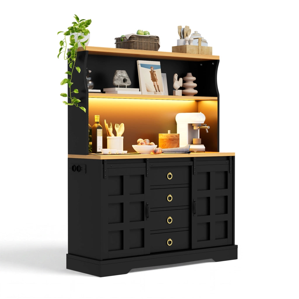 Mobile da cucina alto con LED RGB, prese USB, 4 cassetti e ante scorrevoli, 120x40x150 cm